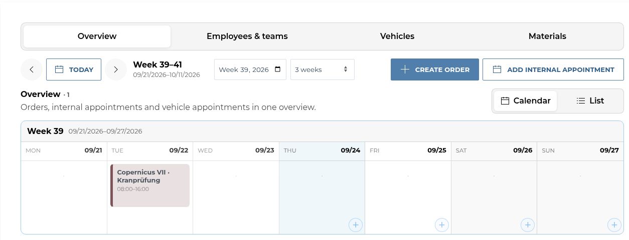 Real WEA365 dispatch view from the test tenant with calendar and jobs