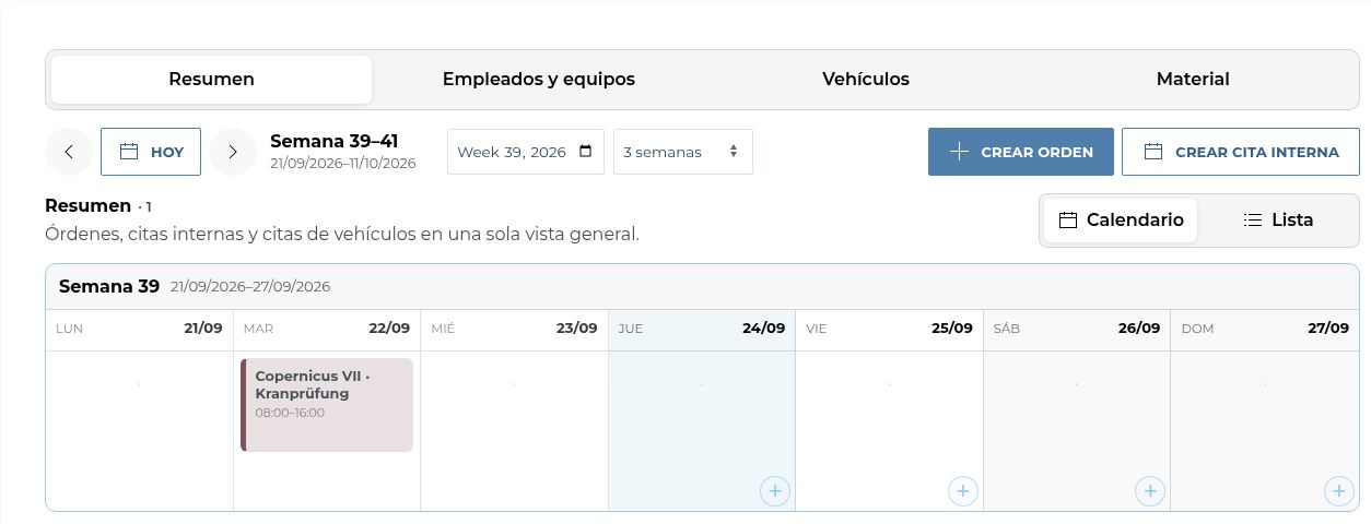 Vista real de planificación WEA365 con calendario y trabajos del entorno de prueba