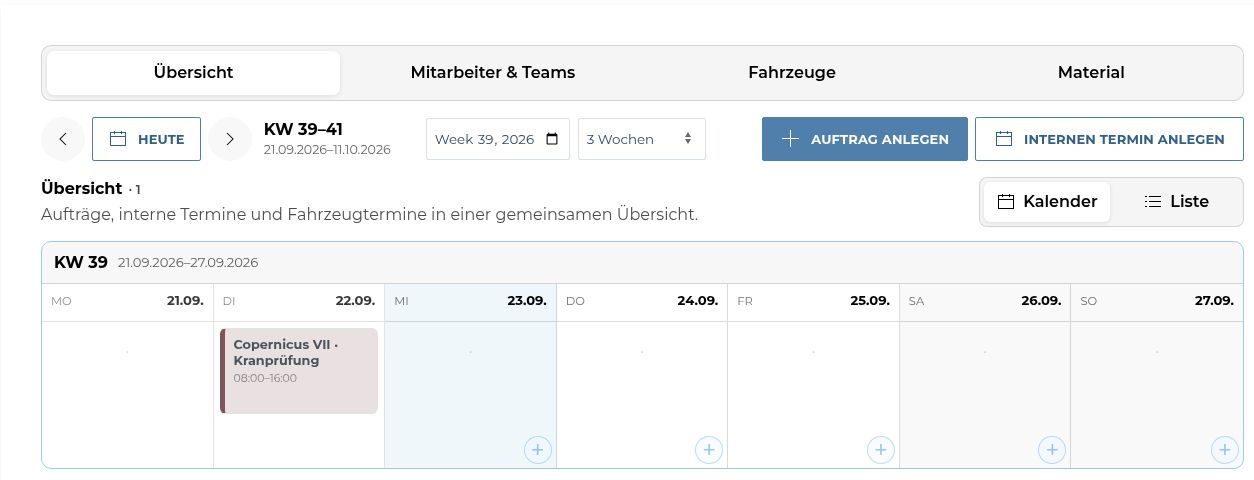 Echte WEA365 Disposition aus dem Testmandanten mit Kalender und Aufträgen