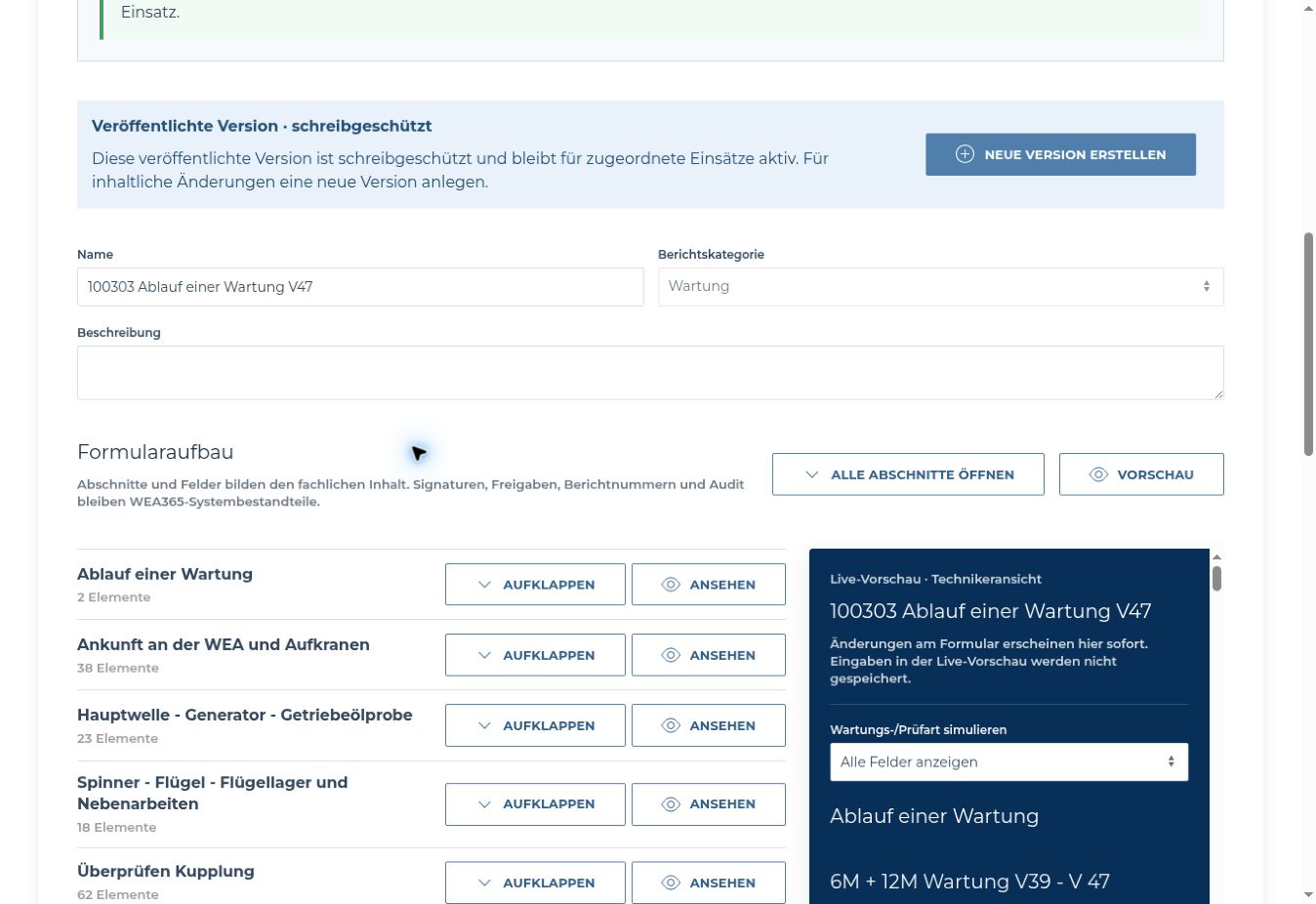 Echter WEA365 Formularaufbau: veröffentlichte Version, technische Abschnitte mit Prüffeldern und Live-Vorschau der Technikeransicht