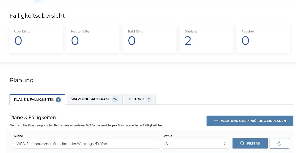 Echte WEA365 Wartungsplanung mit Fälligkeiten und Historie aus dem Testmandanten